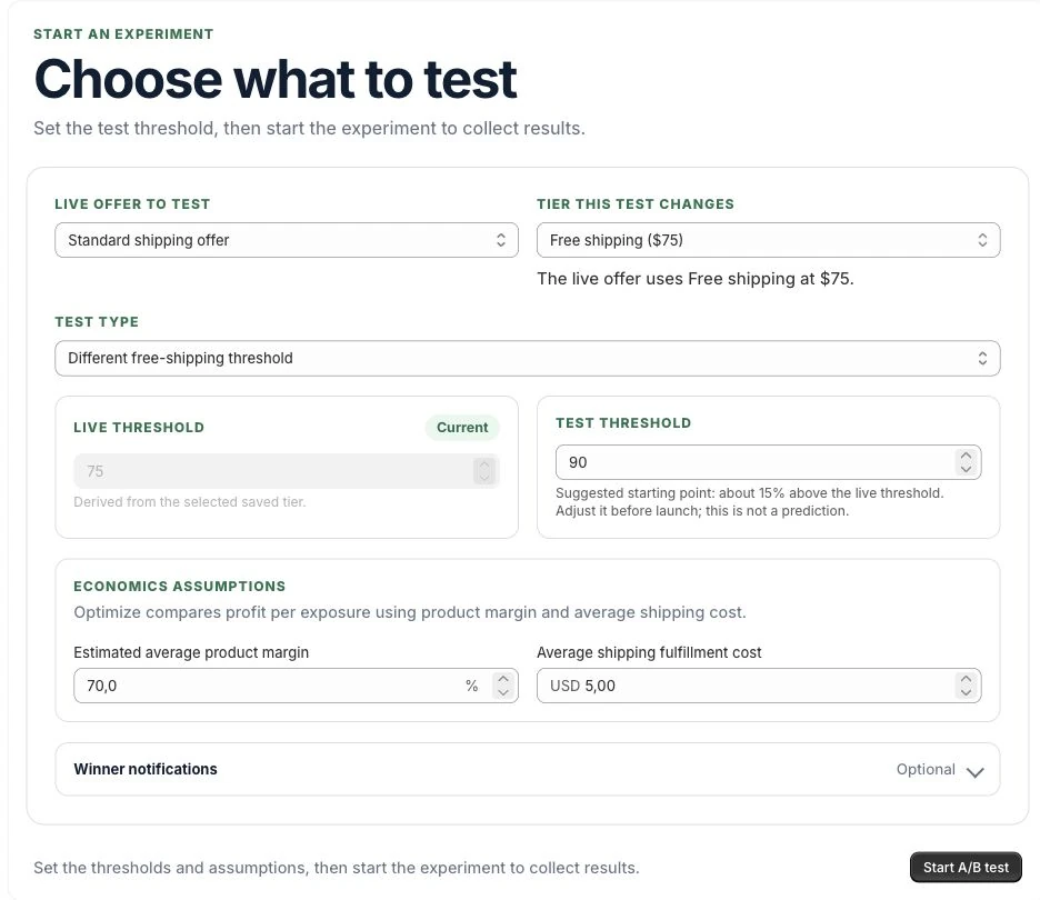 Choose what to test. Actual app creation
screen with example inputs. Review the control, alternative, and cost
assumptions before starting.
