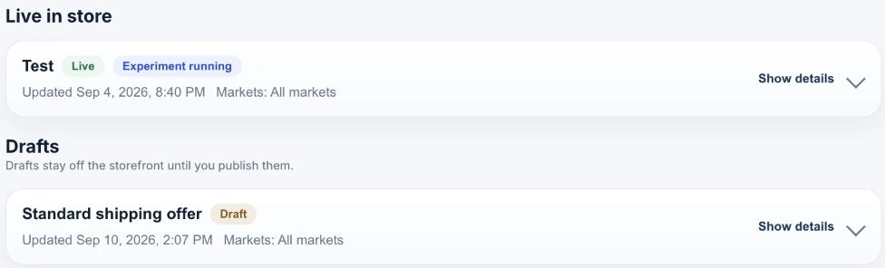 Check the offer state. Current library
capture. A live offer and a saved draft appear separately; the draft
stays off the storefront.