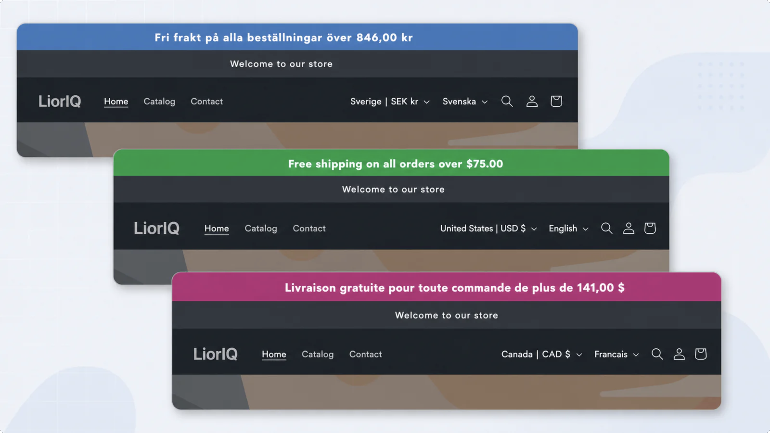 Localized storefront examples showing free shipping banners in Swedish, English, and French with market currencies
