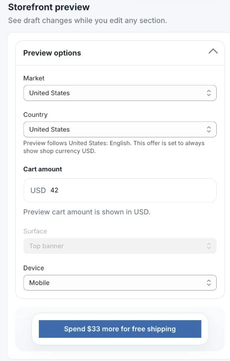 Check a mobile cart in
preview. Current app preview with a $42 cart, a $75 threshold, and $33
remaining. This is a preview, not a live storefront capture.